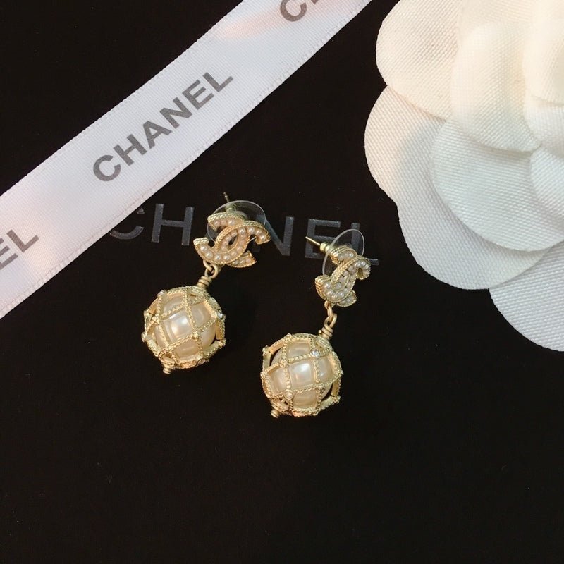 CHANEL Pearl Crystal Grid CC Ball Drop Earrings - Image 5