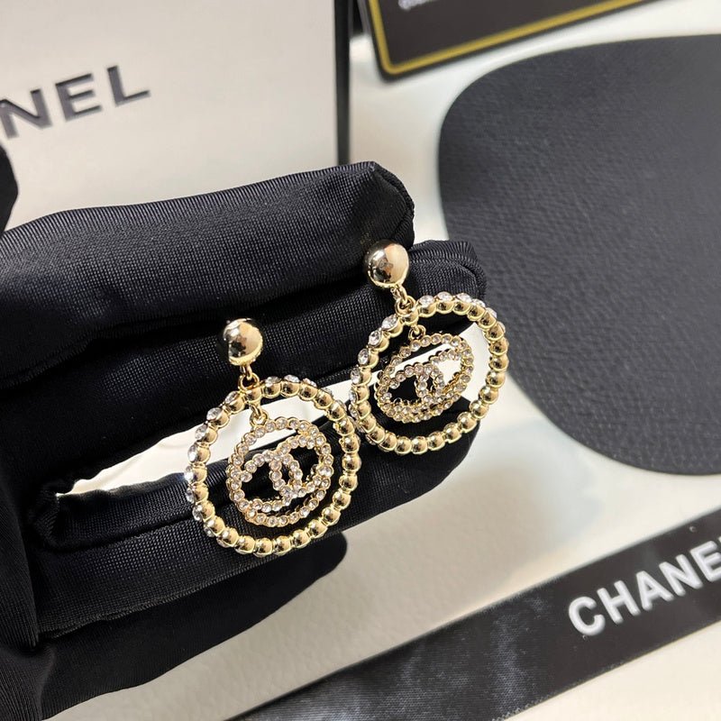 Chanel Beaded Circle Rhinestone Double C Drop Earrings