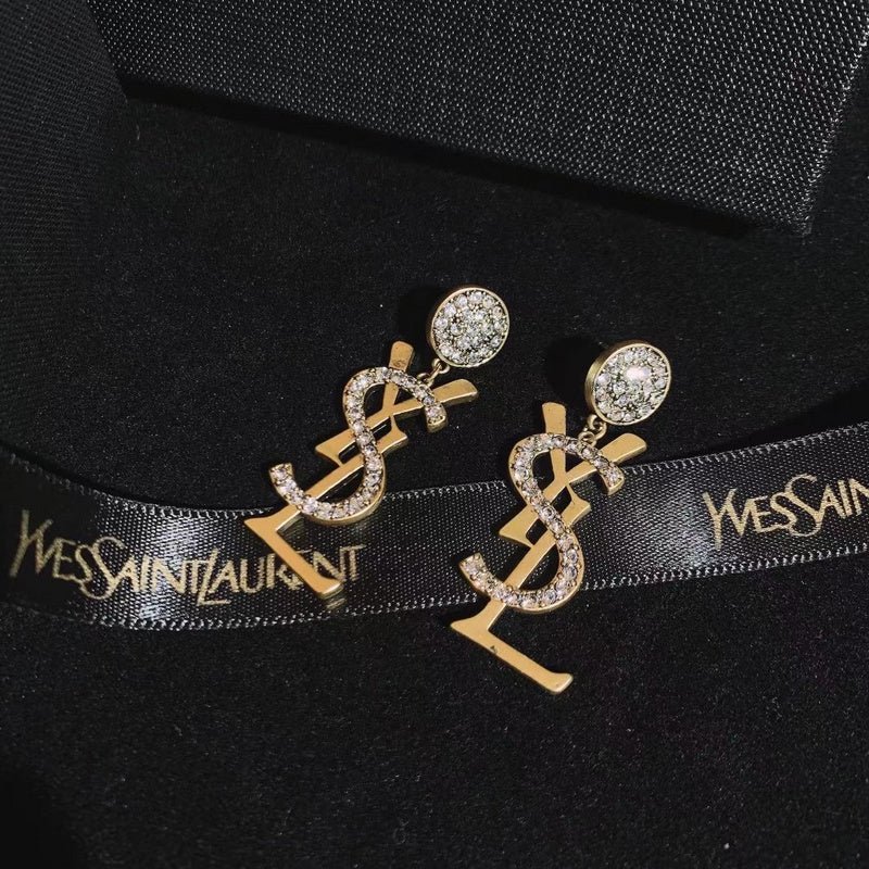 YSL Crystal Logo Drop Earrings