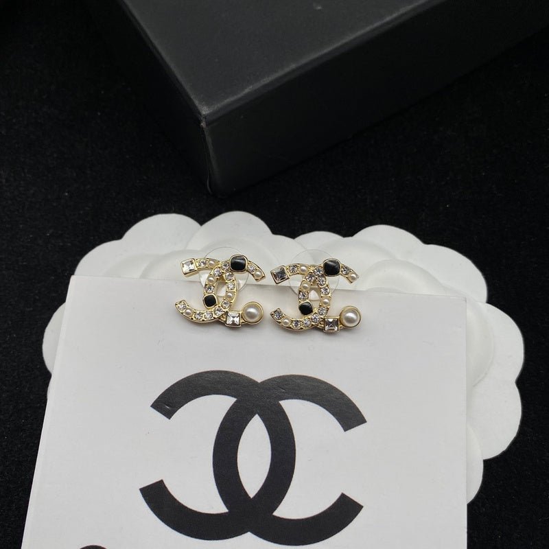 Alternative view of CHANEL Gold Paved Crystal CC Mini Pearl Stud Earrings