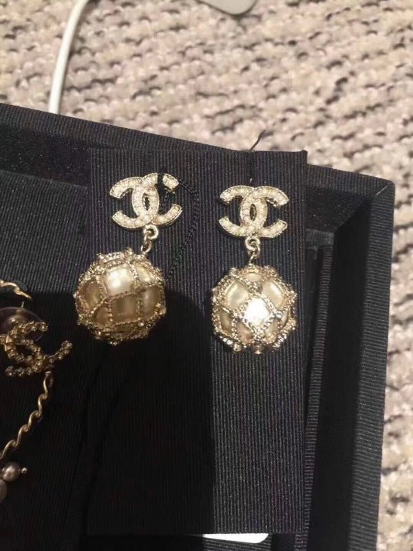 CHANEL Pearl Crystal Grid CC Ball Drop Earrings - Image 7