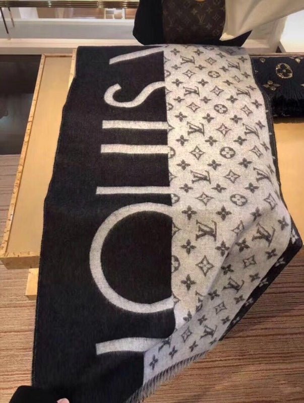 LV Black White Split Logo Monogram Shawl - Image 6
