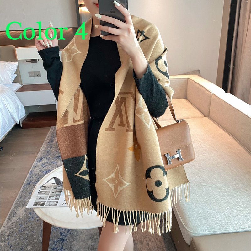LV Camel-Tone Patchwork Monogram Fringed Shawl