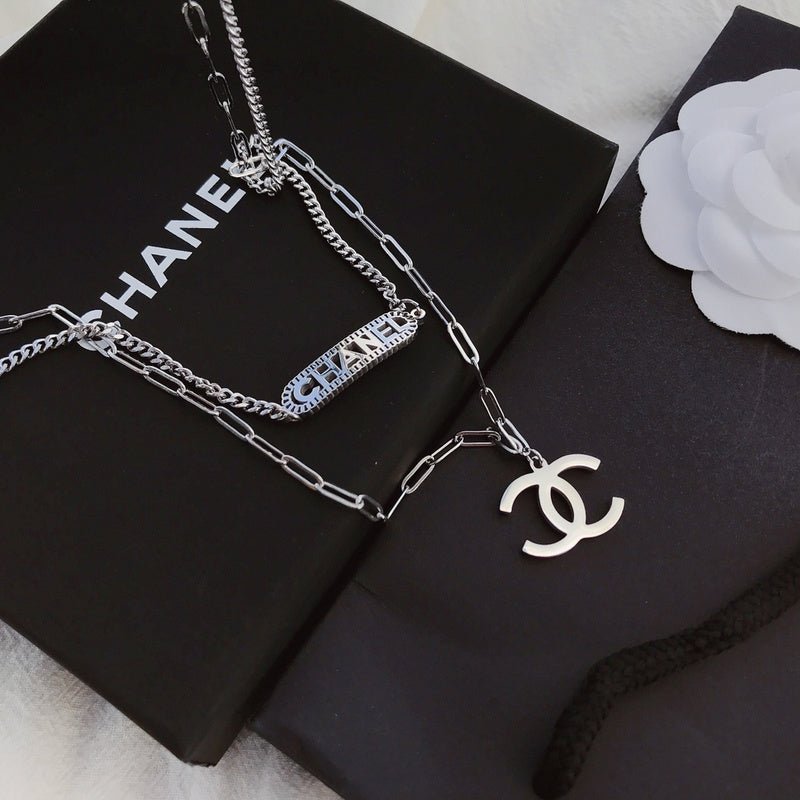Chanel Silver Dual-Layer Logo Bar CC Necklace