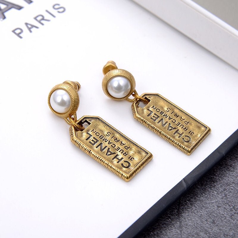 CHANEL Vintage Metal Tag Pearl Drop Earrings - Image 3