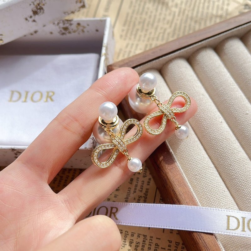 Dior Crystal Bow Pearl Earrings