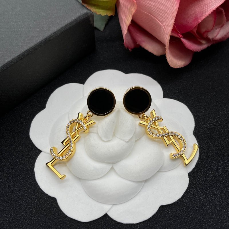 YSL Onyx Crystal Logo Earrings - Image 5