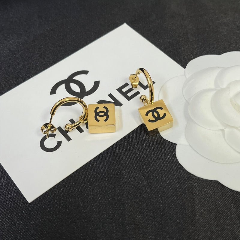 Chanel Square Logo Charm Gold Hoop Earrings - Image 4