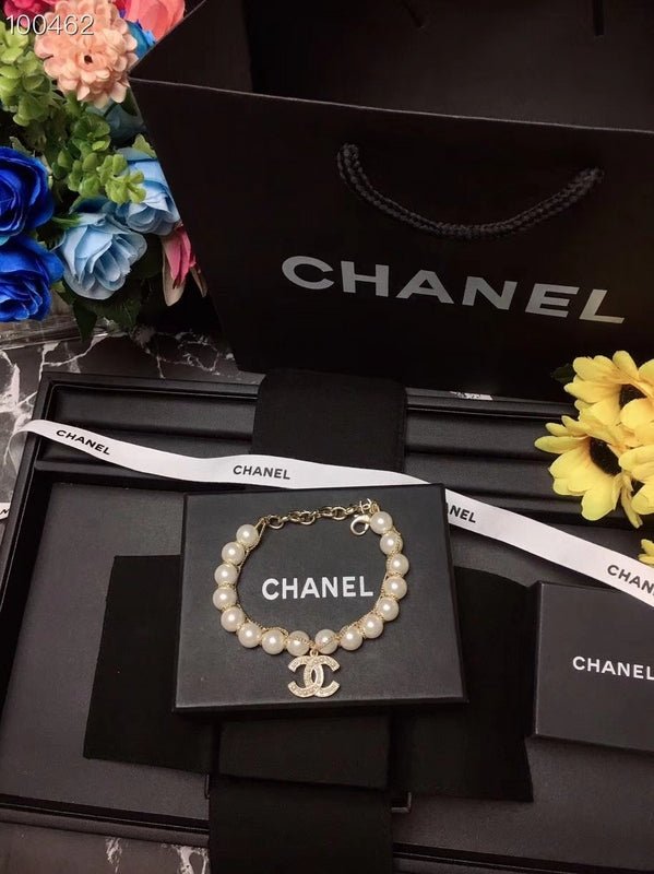 Chanel Pearl Rhinestone Double C Pendant Bracelet - Image 7