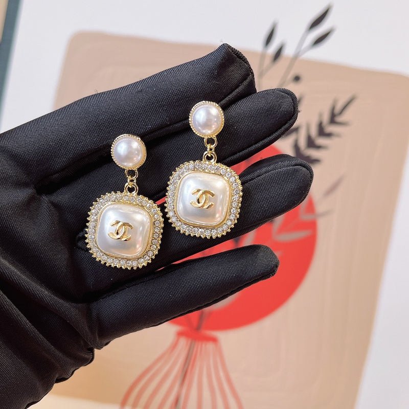 Chanel Pearl Square Crystal Border Drop Earrings - Image 6