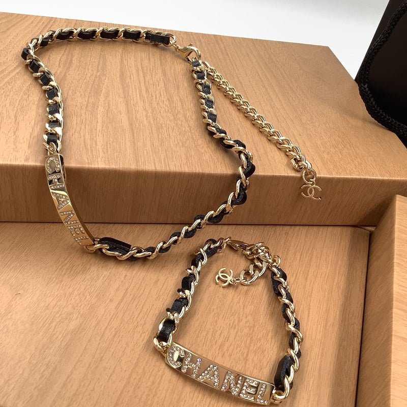 Alternative view of Chanel Gold Leather Crystal Logo Necklace&Bracelet