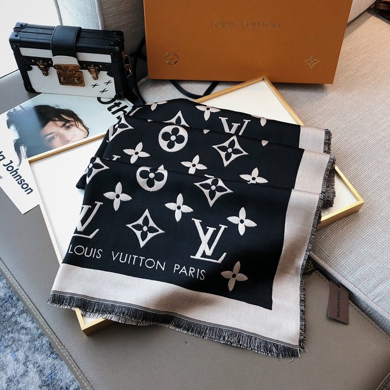 LV Beige Black Classic Monogram Fringed Shawl - Image 6
