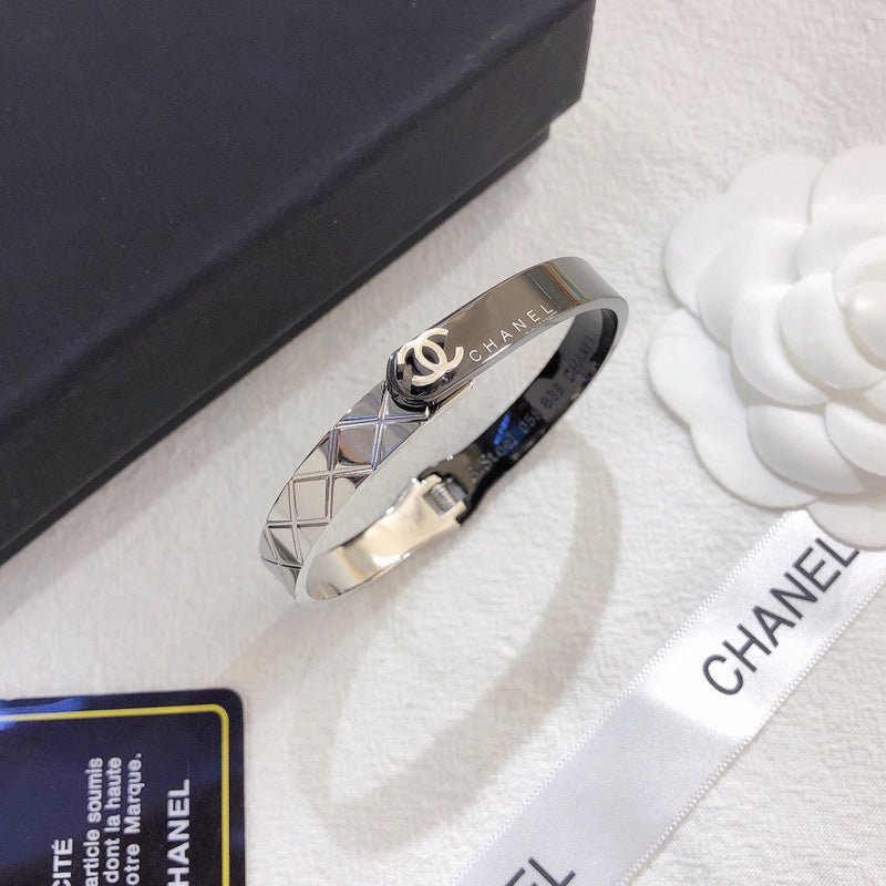 CHANEL Quilted Silver Open Double C Bangle