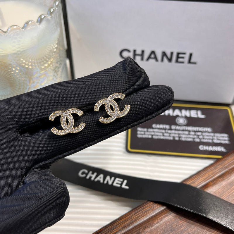 CHANEL Gold Full Crystal Small CC Stud Earrings