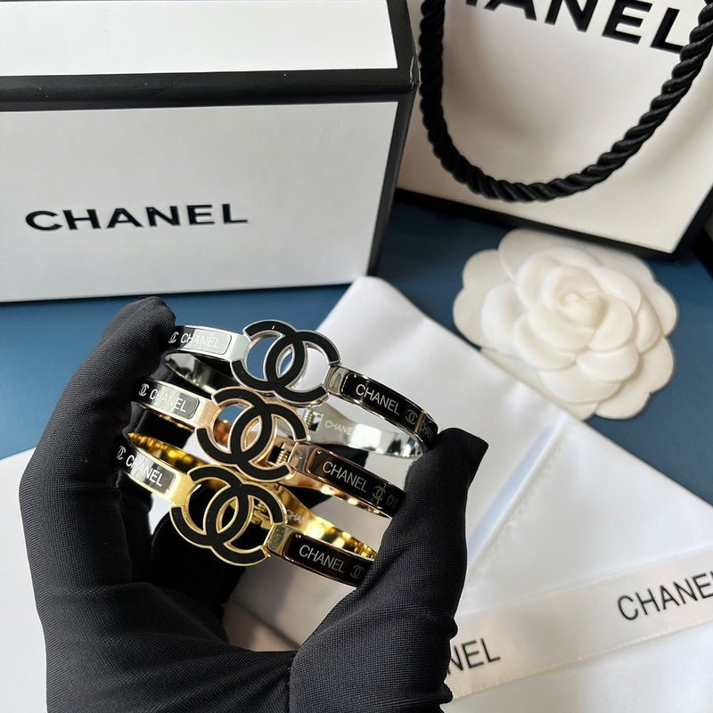 Chanel Black Inlay Double C Metal Bangle