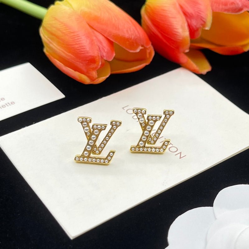 LV Pearl Logo Stud Earrings
