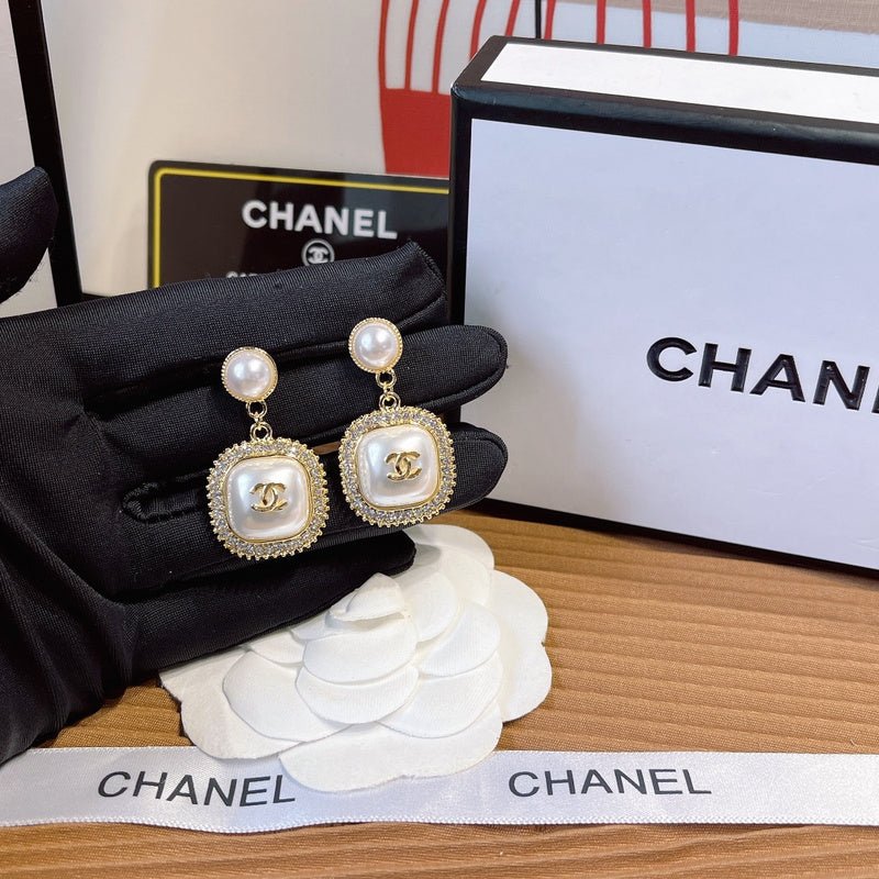 Chanel Pearl Square Crystal Border Drop Earrings - Image 8