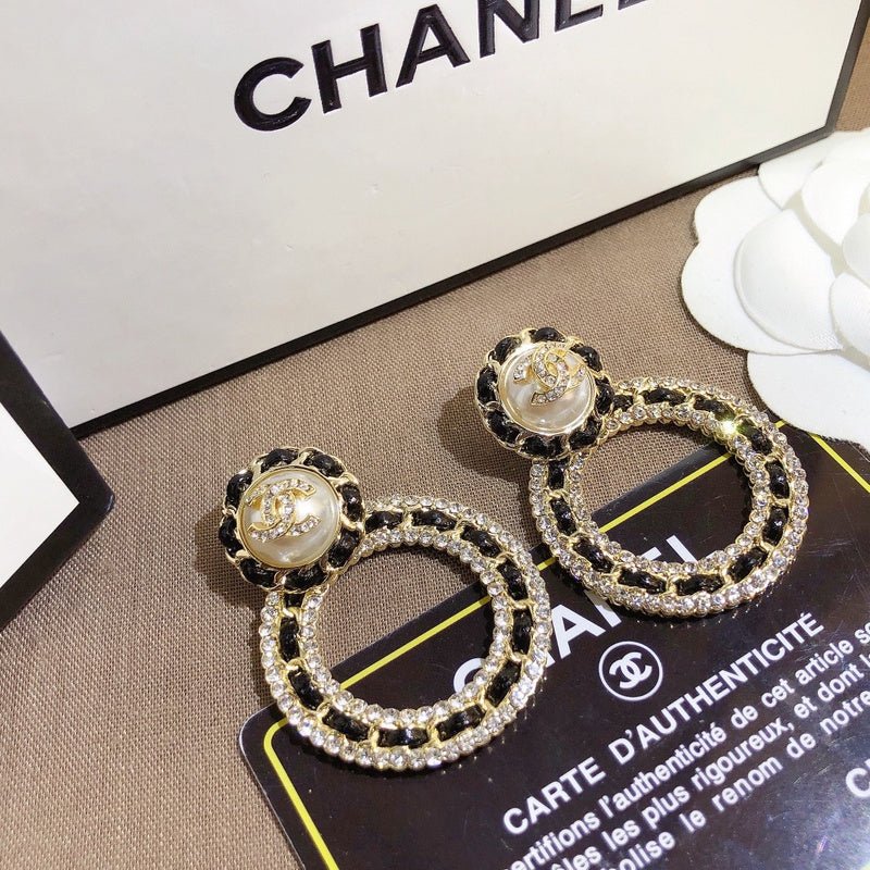 CHANEL Leather Crystal Pearl Hoop Drop