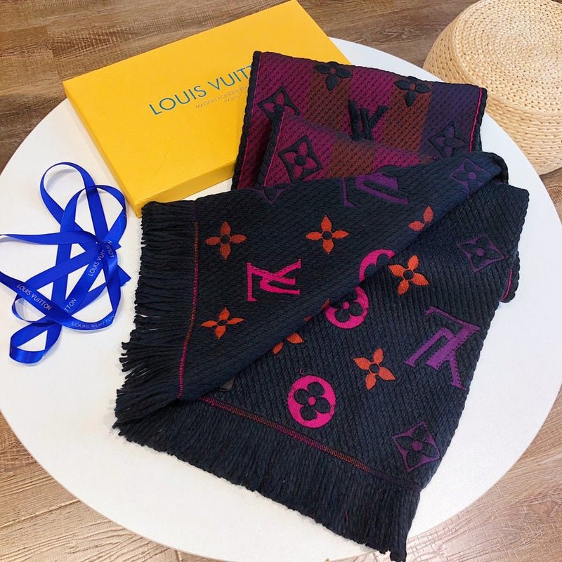 LV Four-Color Textured Knit Monogram Fringed Scarf - Image 3