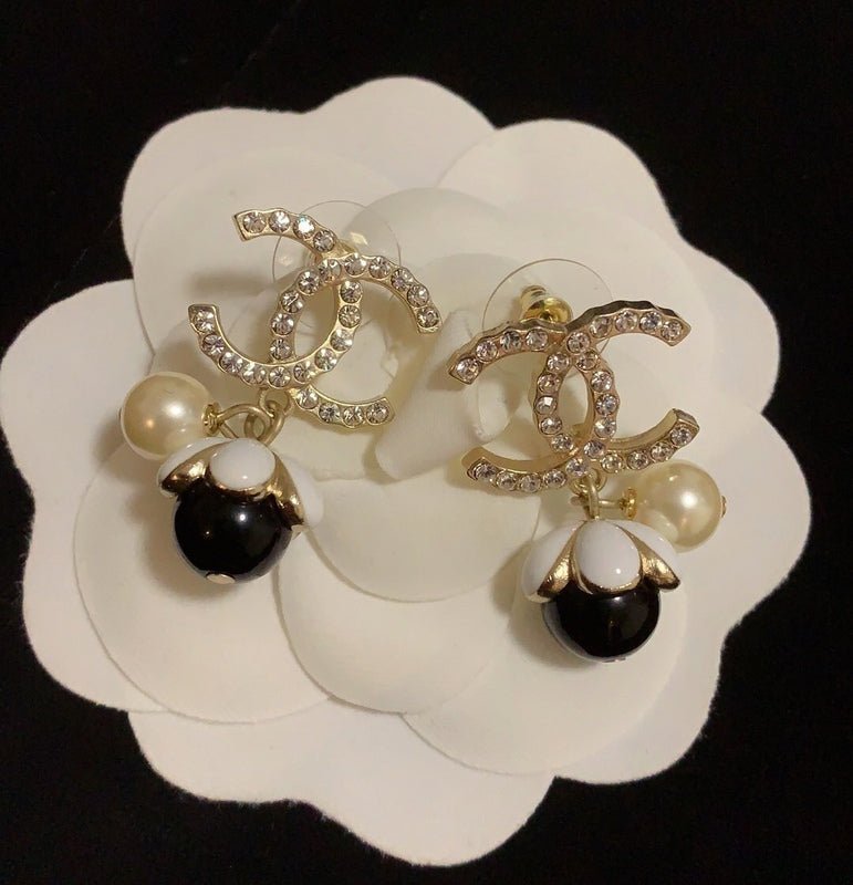 CHANEL Crystal CC Dual Bead Drop Stud Earrings - Image 4