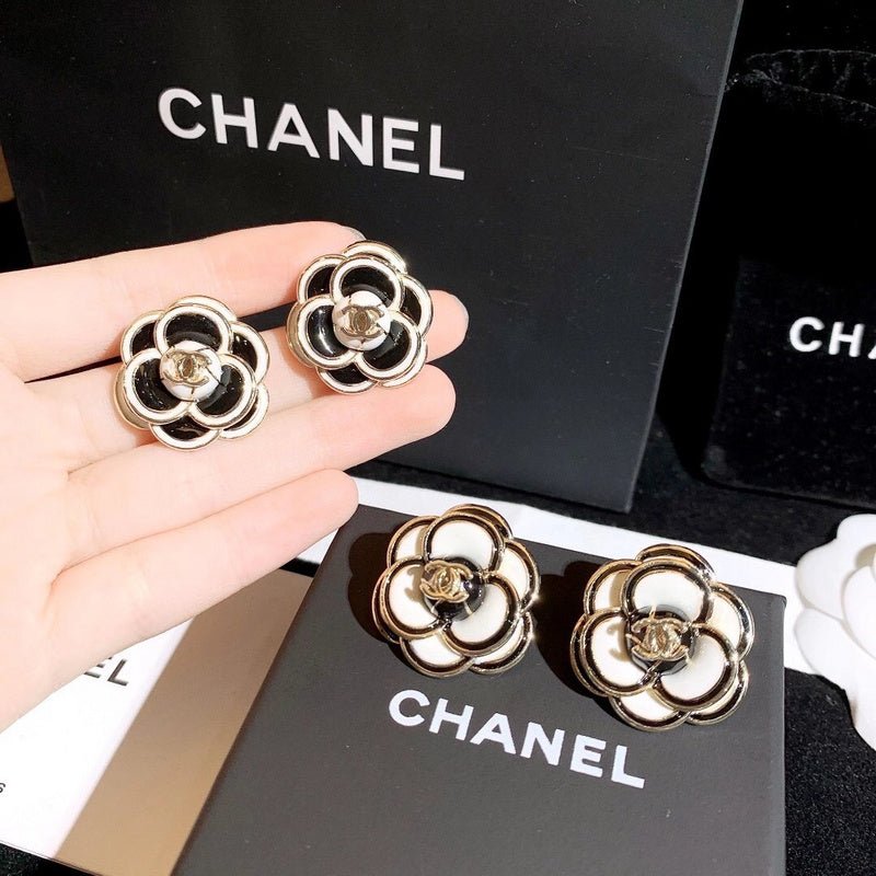 CHANEL Black White Enamel Camellia CC Stud Earrings