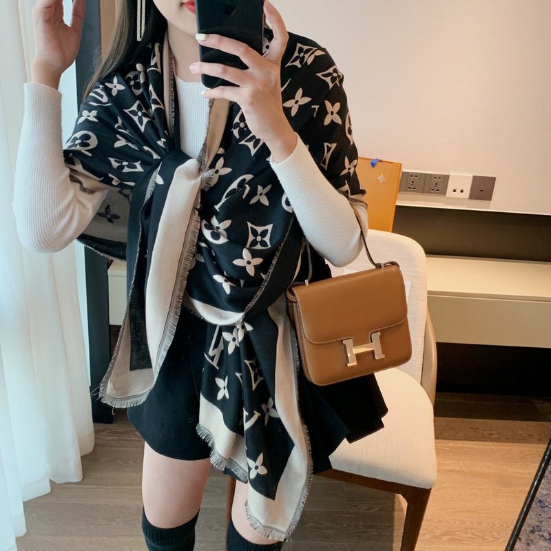 LV Beige Black Classic Monogram Fringed Shawl - Image 7