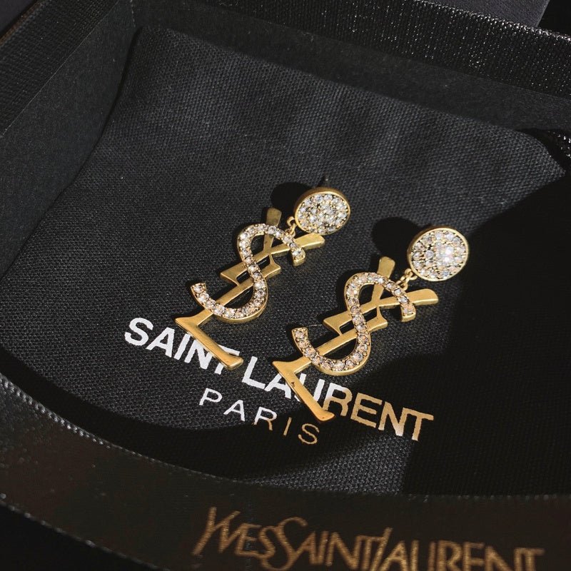 YSL Crystal Logo Drop Earrings - Image 3