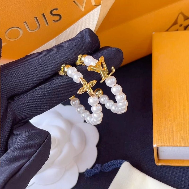 LV Pearl Logo Hoop Earrings