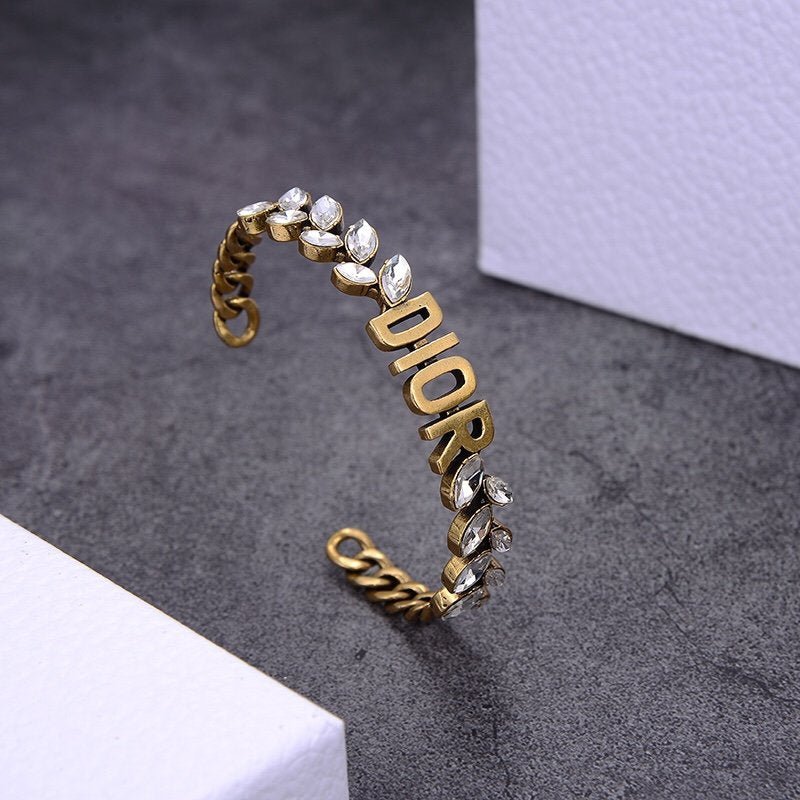 Dior Gold "DIOR" Crystal Open Cuff