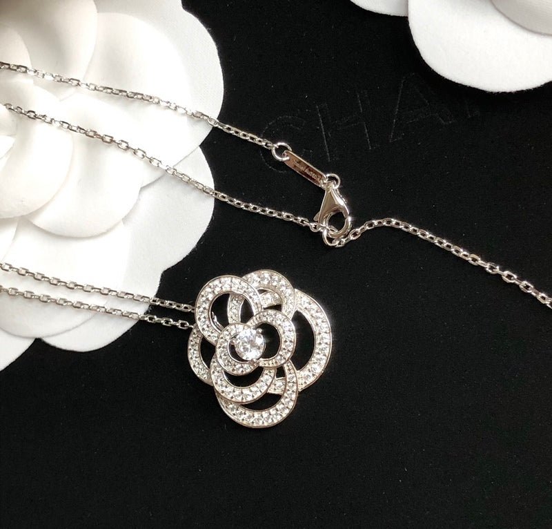 Alternative view of Chanel Silver Crystal Hollow Camellia Pendant Necklace