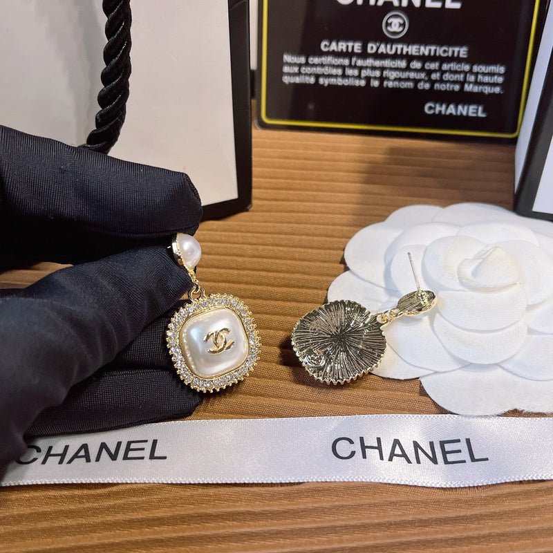 Chanel Pearl Square Crystal Border Drop Earrings - Image 4