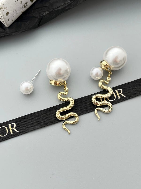 Dior Retro Golden Snake Shaped Pearl Earrings - Image 5