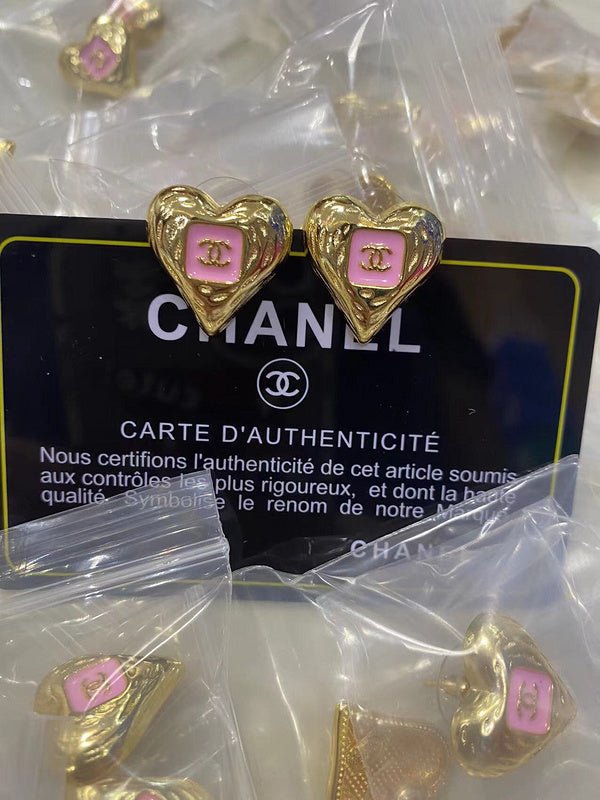 Alternative view of CHANEL Gold Textured Heart Pink Enamel CC Earrings