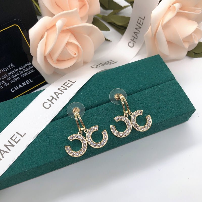 Chanel Hollow Rhinestone CC Hoop Drop Earrings - Image 3