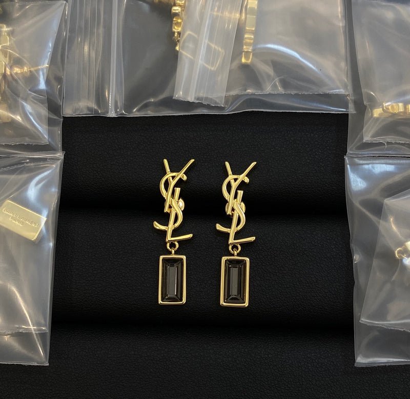 YSL Black Stone Logo Earrings