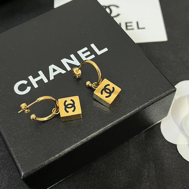 Chanel Square Logo Charm Gold Hoop Earrings