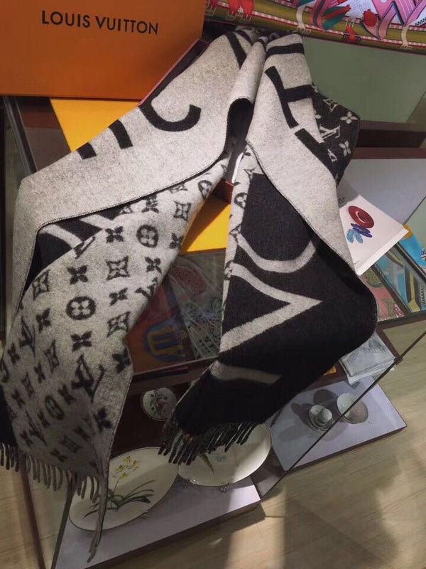 LV Black White Split Logo Monogram Shawl - Image 4