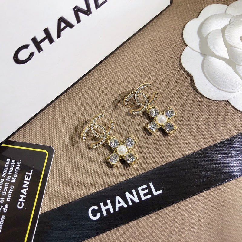Chanel Crystal Cross Pearl Drop Earrings - Image 3