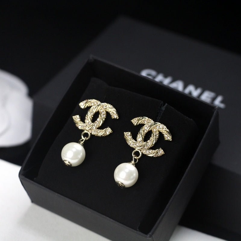 CHANEL Textured Gold CC Pearl Drop Earrings