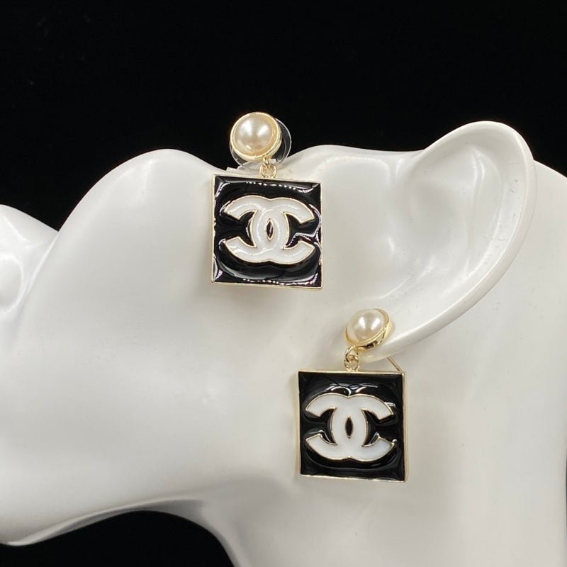 Alternative view of Chanel Pearl Top Square Black Enamel Double C Earrings