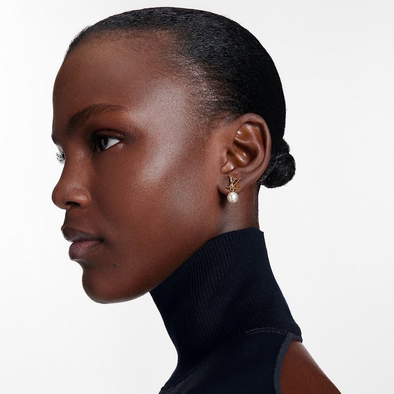 LV Single Luster Pearl Hollow Gold LV Drop Studs - Image 5