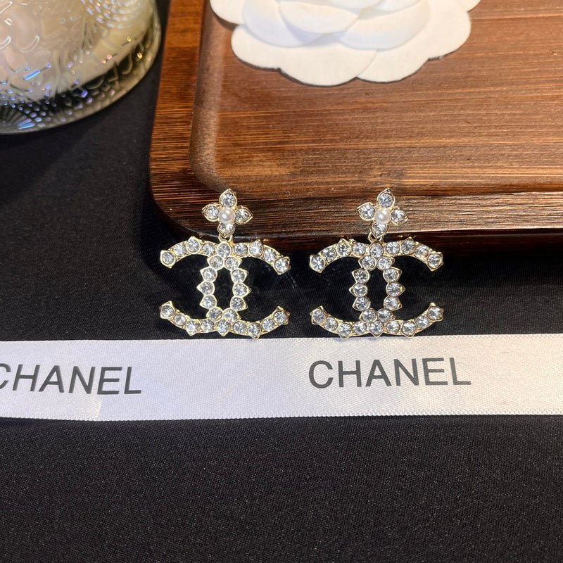 Chanel Fleur-de-lis Top Rhinestone Double C Earrings