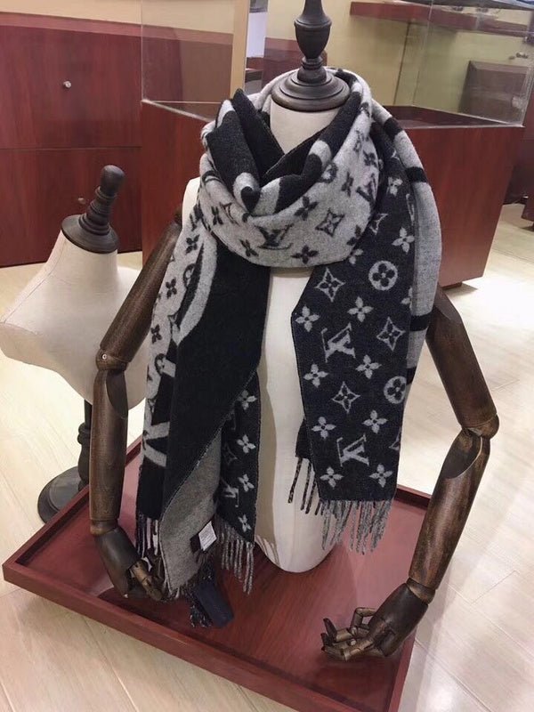 LV Black White Split Logo Monogram Shawl - Image 5