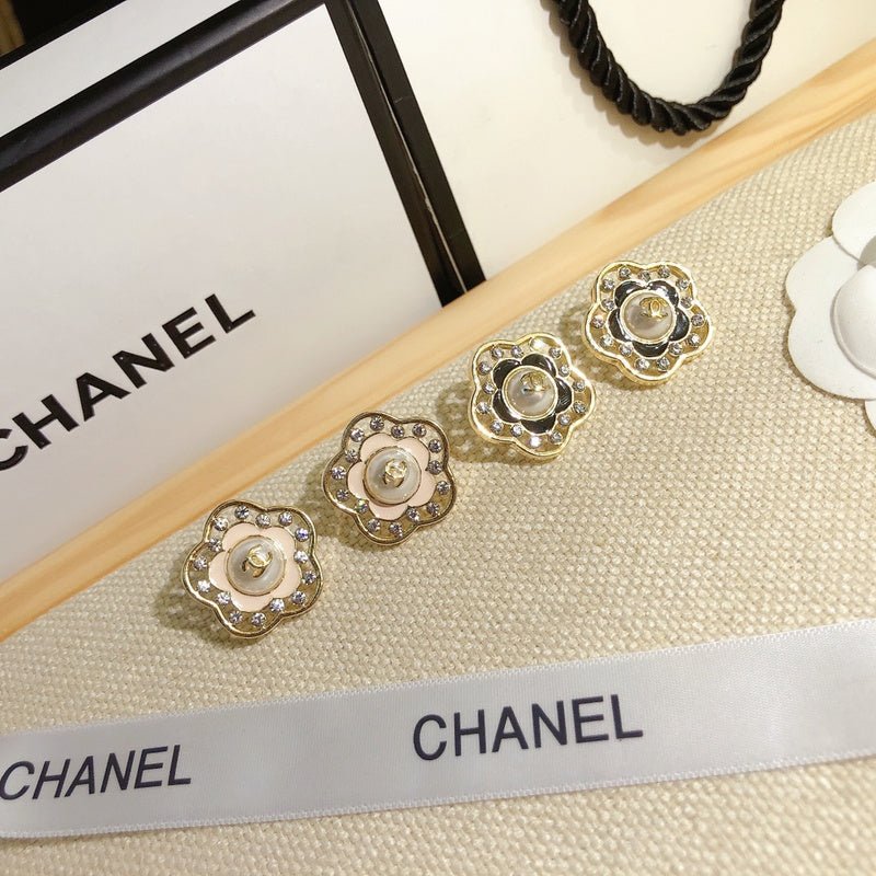 CHANEL Pearl Crystal Camellia Flower Stud Earrings
