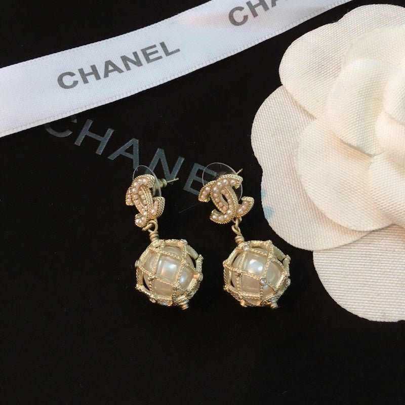 CHANEL Pearl Crystal Grid CC Ball Drop Earrings - Image 6