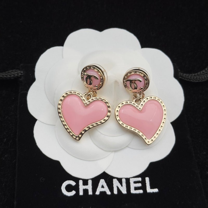 Chanel Pink Enamel Heart Drop Earrings