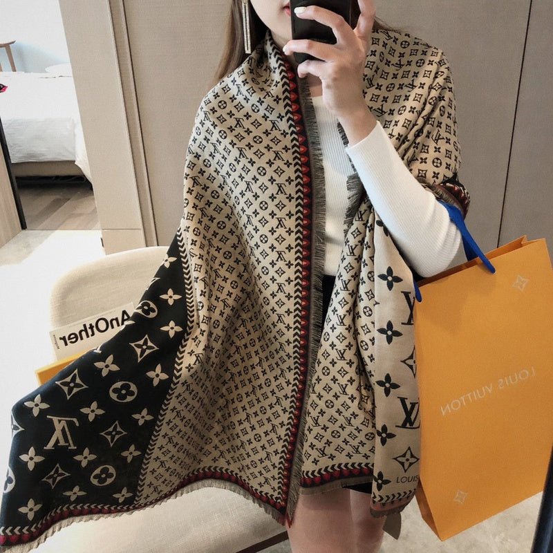 LV Classic Monogram Fringed Shawl Chevron Border