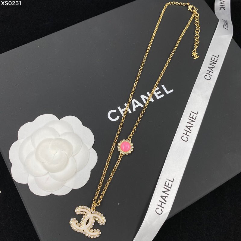 Chanel Pink Gem Pearl Border Double C Necklace