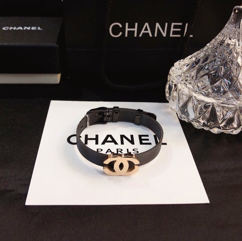 CHANEL Leather Strap Gold Double C Bracelet