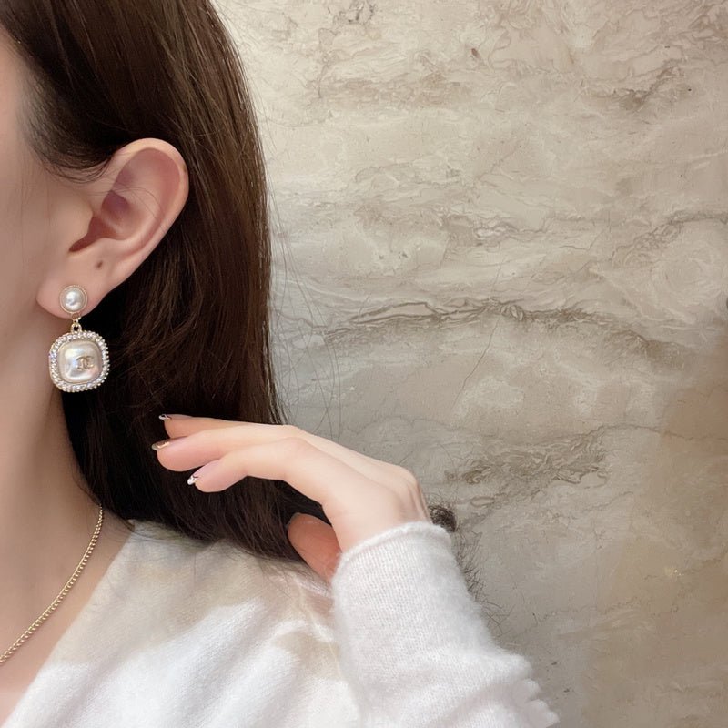 Chanel Pearl Square Crystal Border Drop Earrings - Image 9